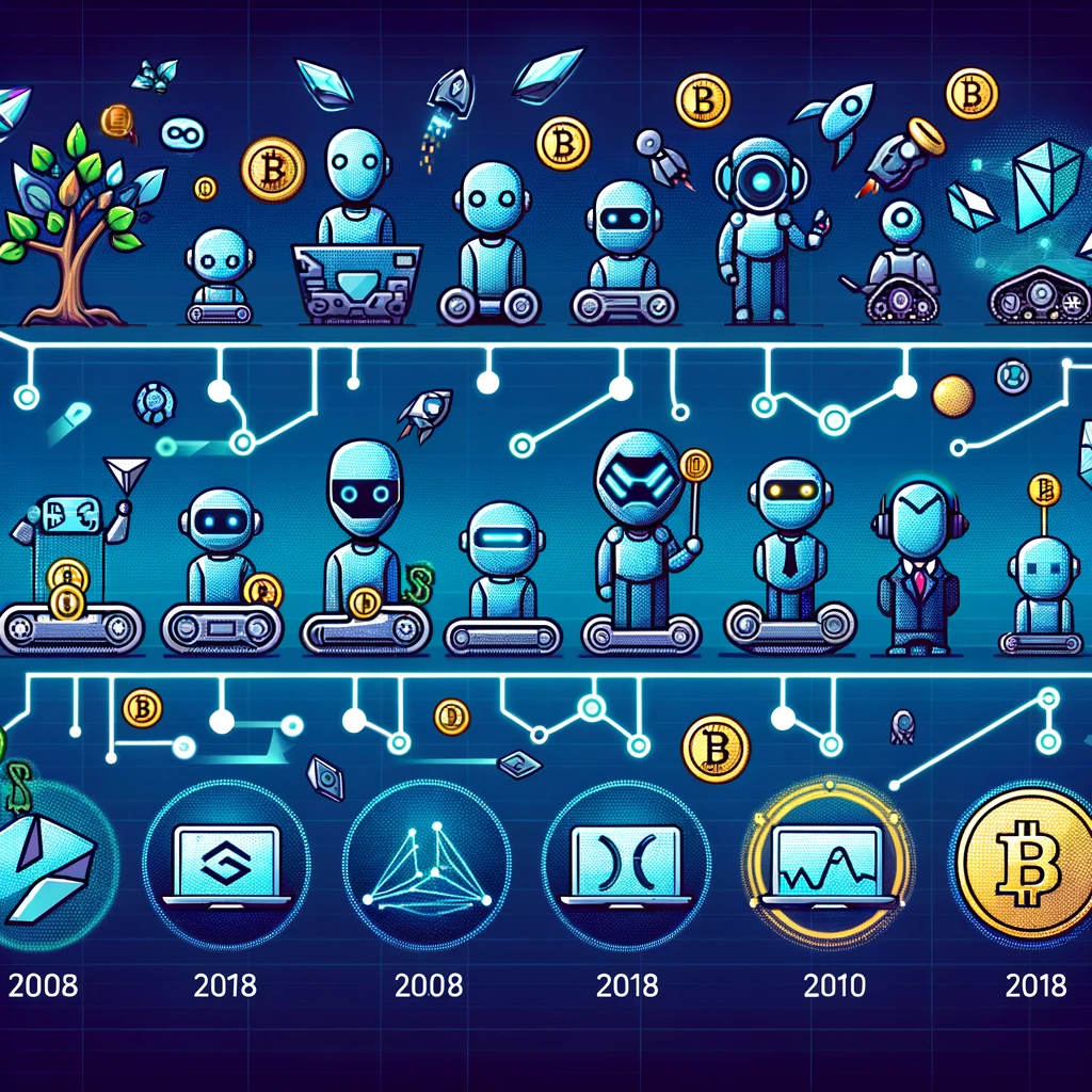 Línea temporal de la evolución de los bots de trading cripto, de los scripts simples a los bots de autotrading con IA.