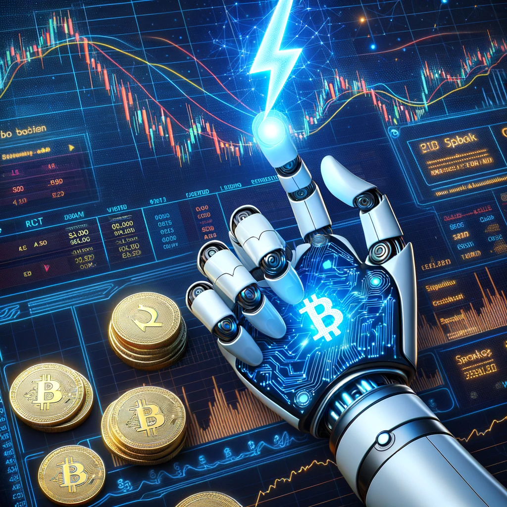 Influencia de HafizeBot en el trading de criptomonedas: una mano robótica sostiene un rayo sobre un gráfico de mercado.