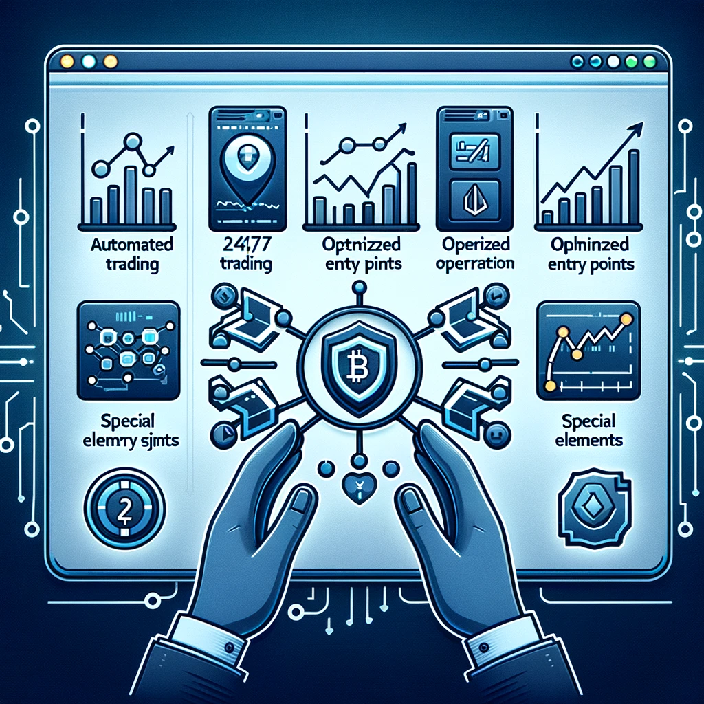 Panel elegante que destaca las funciones clave de HafizeBot para el trading automatizado y los puntos de entrada optimizados.
