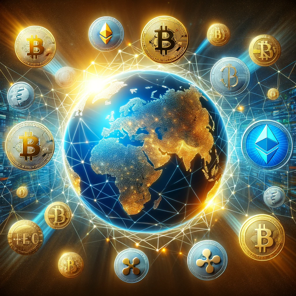 Trading global de criptomonedas representado por un globo digital con Bitcoin, Ethereum y Ripple, que muestra la interconexión de los bots de señales cripto.